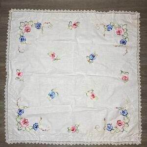 Vintage Floral Embroidered Square Tablecloth Bundle 2pc